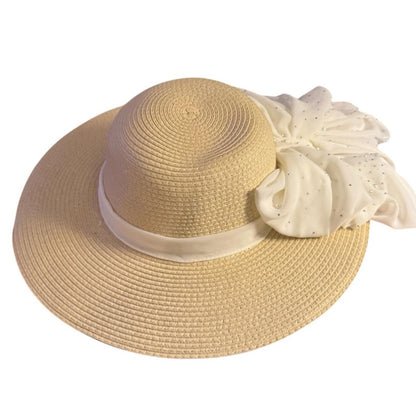Women’s Natural Wide Brim SPF 50+ Sun Hat – White Scarf with Rhinestone & Pearl Details