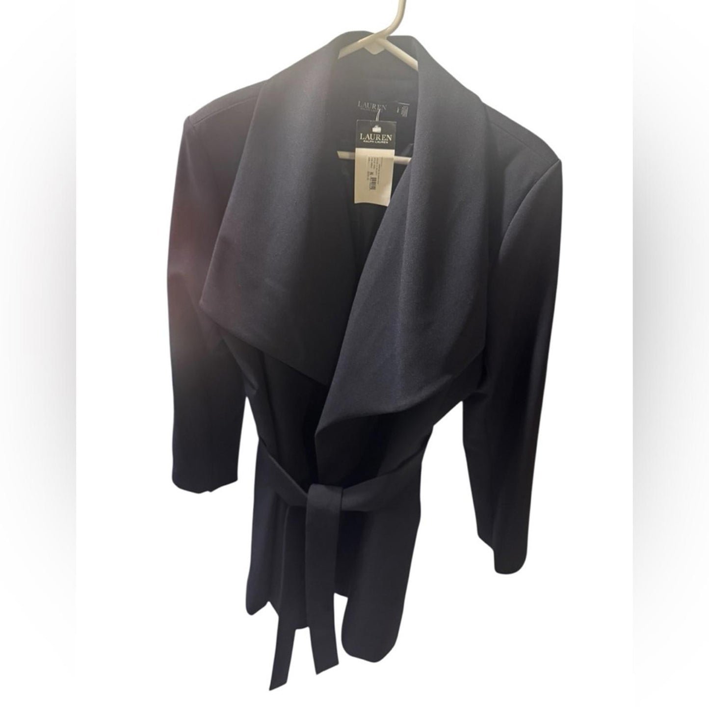 Elegant Dark Navy Blue Crepe Belted Drape Front Coat