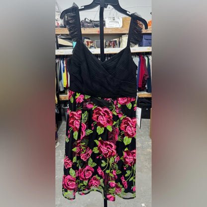 Adrianna Papell Black Gown with Pink Floral sequence Accents
