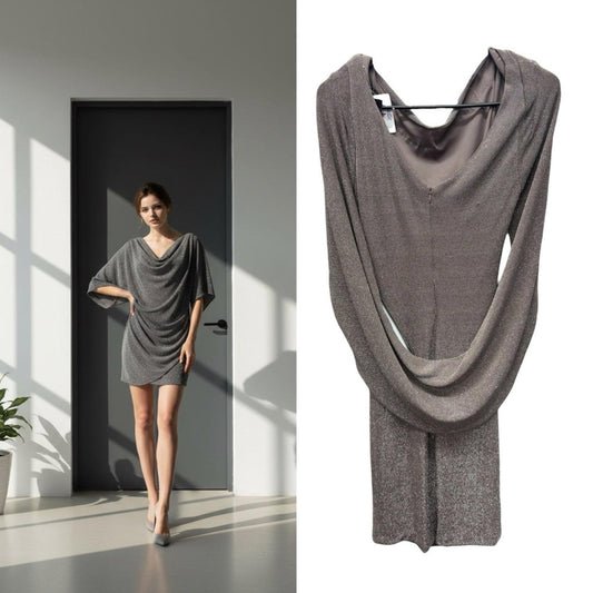 Betsy & Adam Shimmering Silver Draped Dress