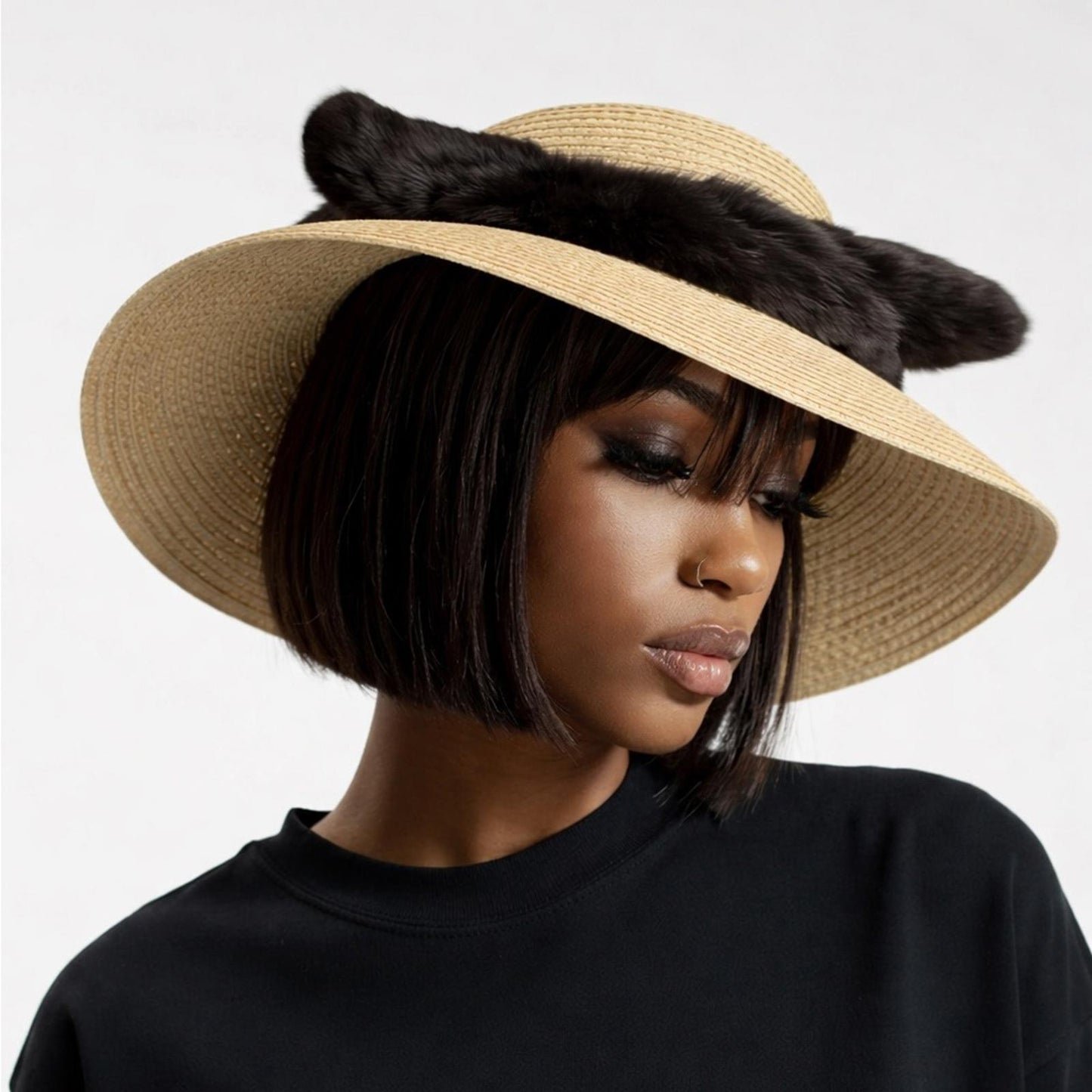Style & Co. Women’s Natural Wide Brim SPF 50+ Sun Hat – Black Faux-Fur Bow