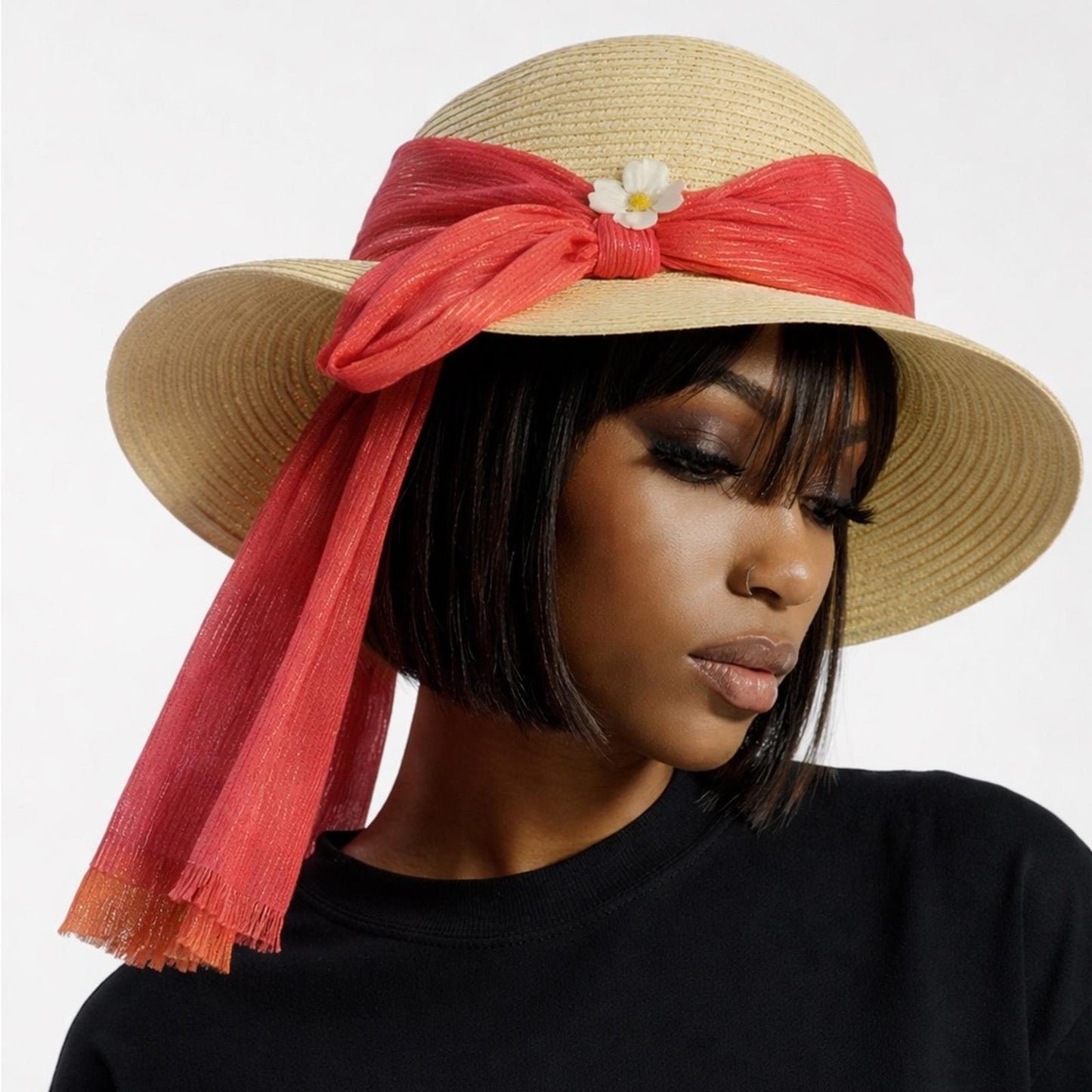 Style & Co. Women’s Natural Wide Brim SPF 50+ Sun Hat – Coral Scarf Bow & Floral Accent