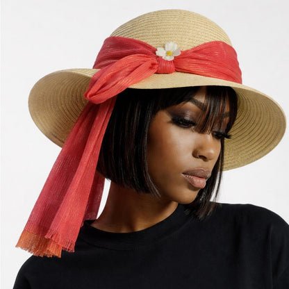Style & Co. Women’s Natural Wide Brim SPF 50+ Sun Hat – Coral Scarf Bow & Floral Accent