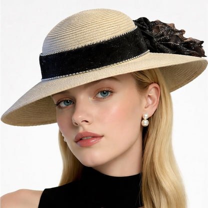 Style & Co. Women’s Natural Wide Brim SPF 50+ Sun Hat – Black Ribbon & Floral Accent