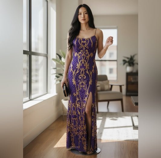 Betsy and Adam Elegant Purple and Gold Evening Dress