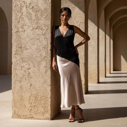 DKNY Asymmetrical Black and Cream Dress