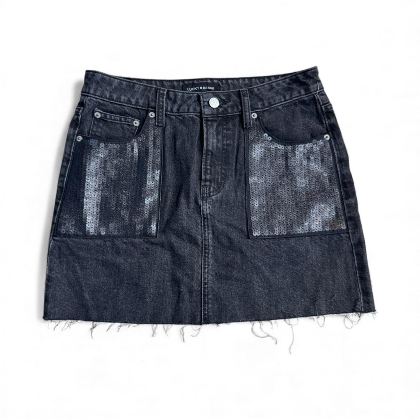 Lucky Brand Sequin Pocket Black Denim Skirt