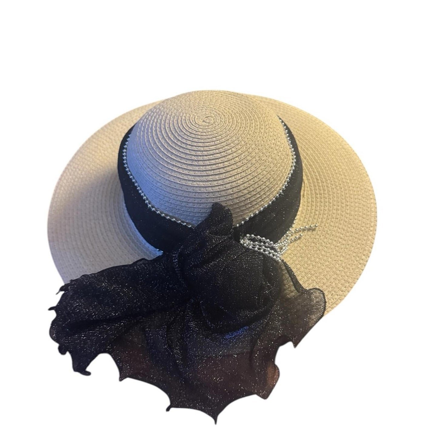 Style & Co. Women’s Natural Wide Brim SPF 50+ Sun Hat – Black Ribbon & Floral Accent