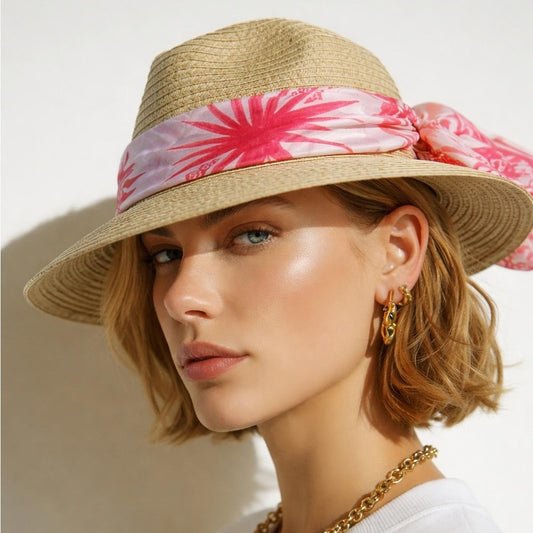 Style & Co. Women’s Natural Straw SPF 50+ Sun Hat with Pink Scarf Band