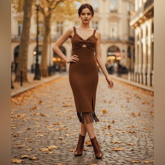 Adrianna Papell Brown Midi Dress with Fringe