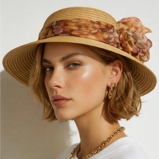 Women’s Natural Wide Brim Sun Hat – Brown Floral Scarf Bow