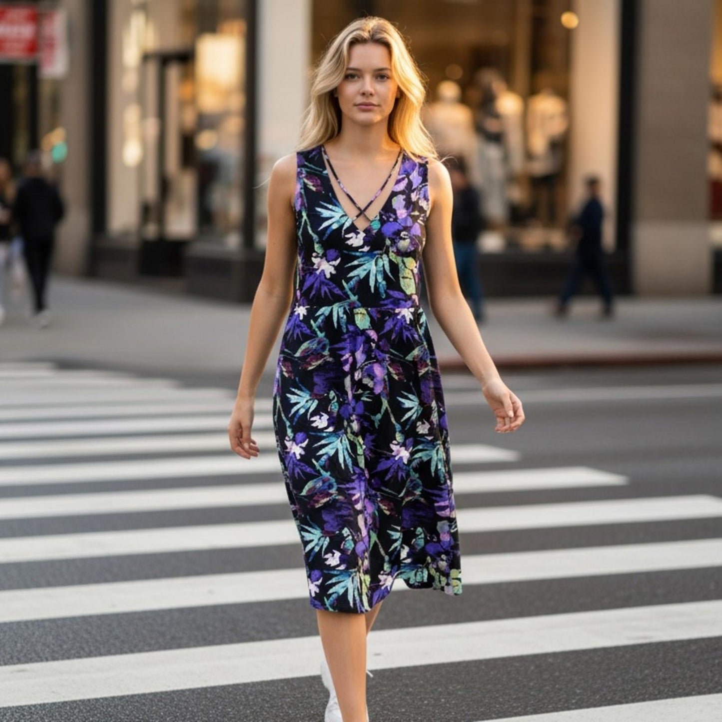 Connected Apparel Purple and Green Floral Midi Dress