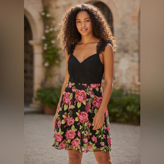Adrianna Papell Black Gown with Pink Floral sequence Accents