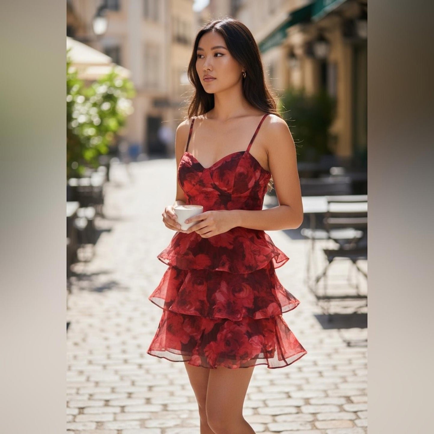 BCX Elegant Red Floral Tiered Dress