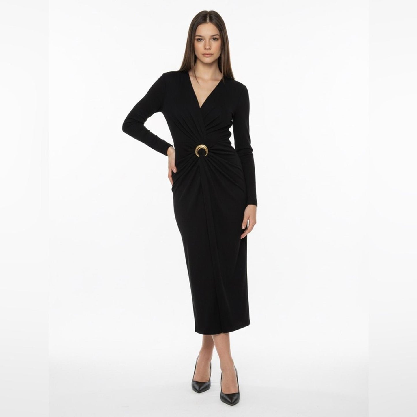 Donna Karan Black Long Sleeve Dress with Gold Accent
