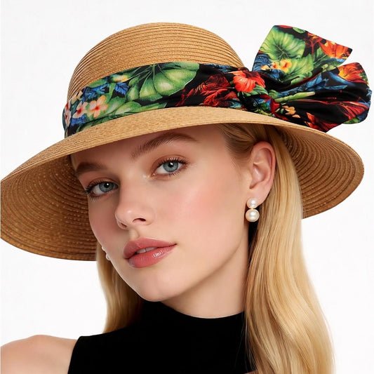 Style & Co. Women’s Natural Wide Brim SPF 50+ Sun Hat – Tropical Floral Bow