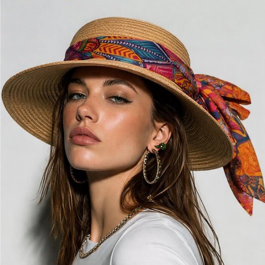Style & Co. Women’s Natural Wide Brim SPF 50+ Sun Hat – Multicolor Scarf Bow