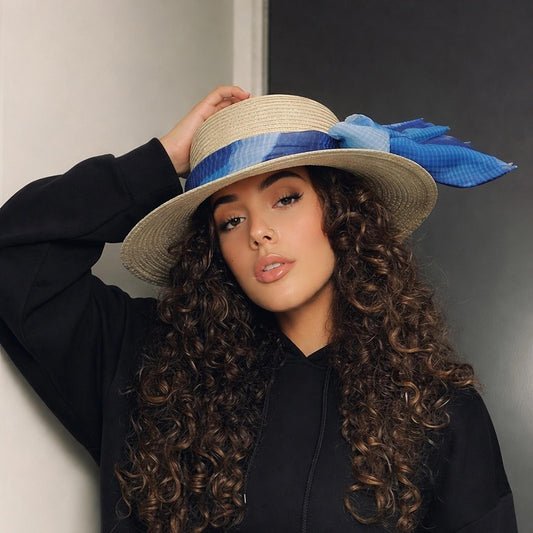 Style & Co. Women’s Natural Wide Brim SPF 50+ Sun Hat – Blue Bow