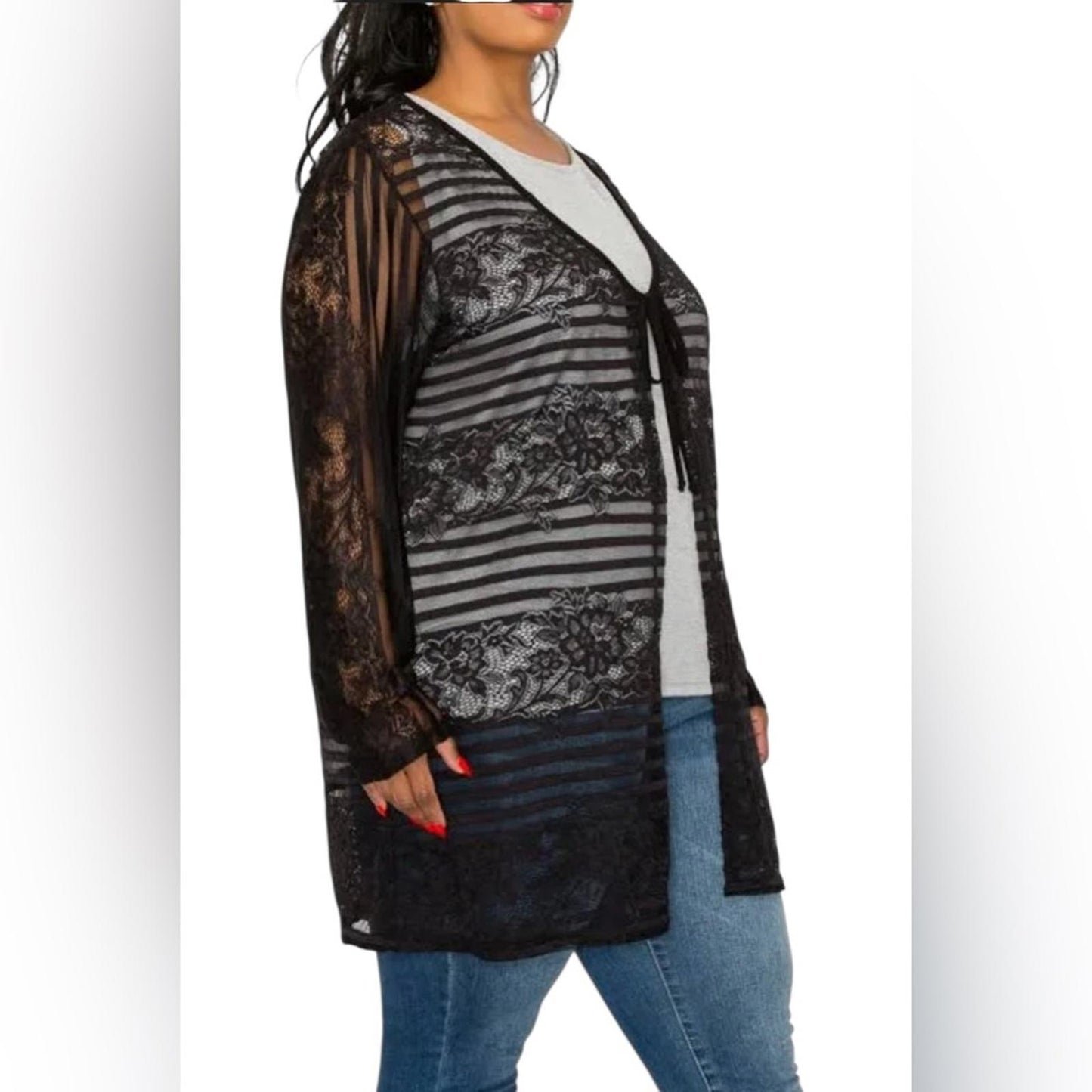 Coin 1804 Women’s Plus Tie Front Black Lace Kimono