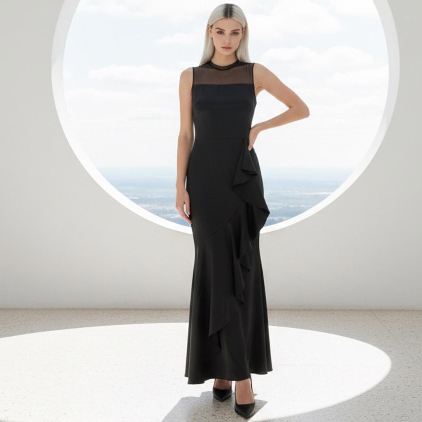 DKNY Black Ruffle Maxi Dress