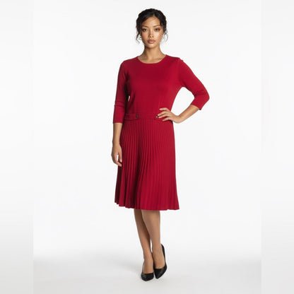 London Times Red Pleated Midi Dress