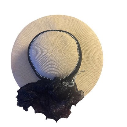Style & Co. Women’s Natural Wide Brim SPF 50+ Sun Hat – Black Ribbon & Floral Accent
