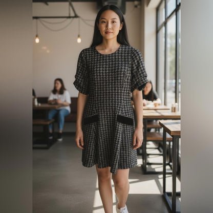 DKNY Black and Gray Houndstooth Mini Dress