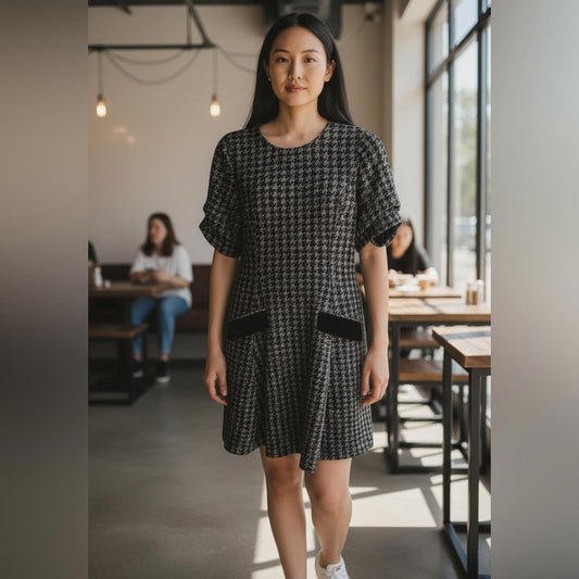 DKNY Black and Gray Houndstooth Mini Dress