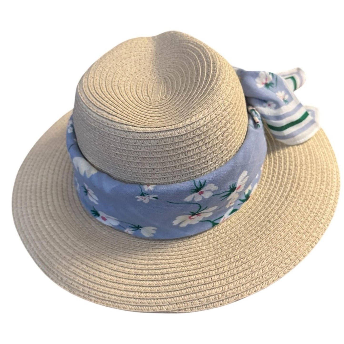 Style & Co. Women’s Natural Straw SPF 50+ Sun Hat with Blue Floral Scarf
