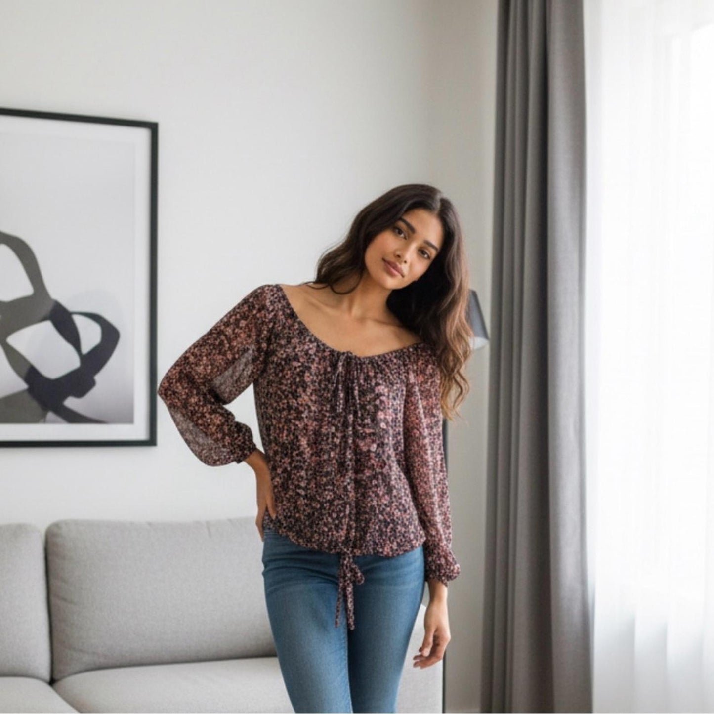 Vince Camuto Black and Pink Floral Blouse