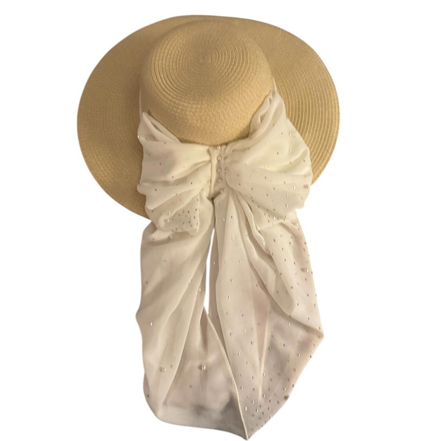 Women’s Natural Wide Brim SPF 50+ Sun Hat – White Scarf with Rhinestone & Pearl Details