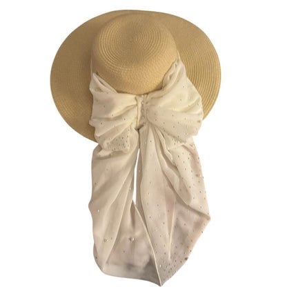 Women’s Natural Wide Brim SPF 50+ Sun Hat – White Scarf with Rhinestone & Pearl Details