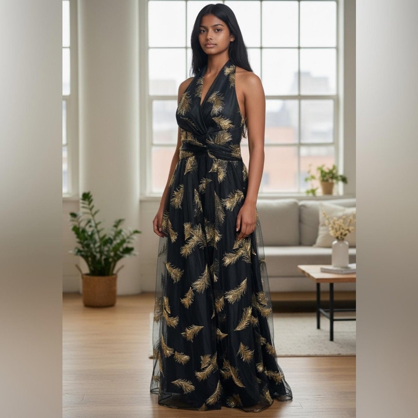 Donna Karan Black and Gold Maxi Dress