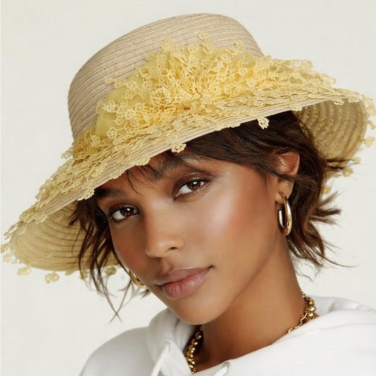 Style & Co. Women’s Natural Wide Brim SPF 50+ Sun Hat – Yellow Lace Floral Trim
