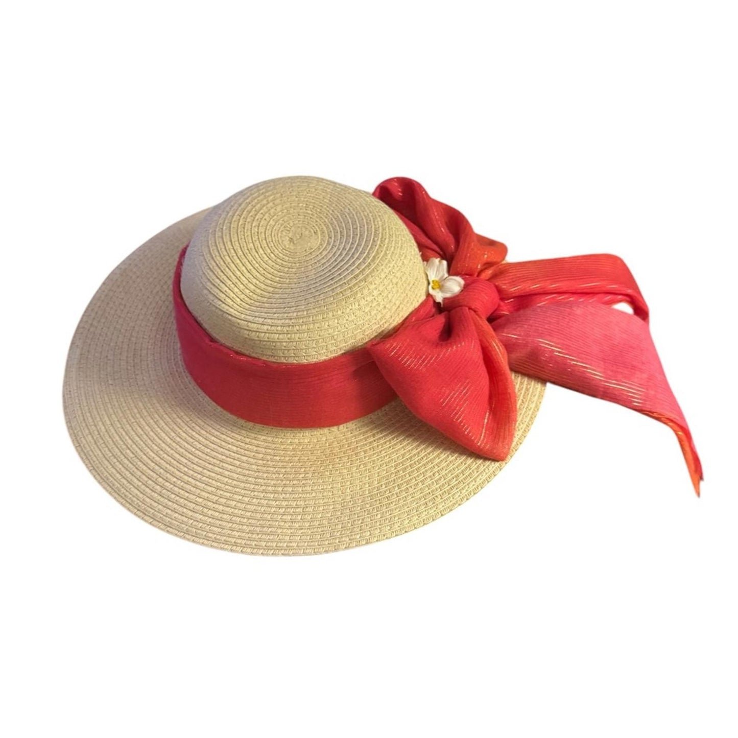 Style & Co. Women’s Natural Wide Brim SPF 50+ Sun Hat – Coral Scarf Bow & Floral Accent
