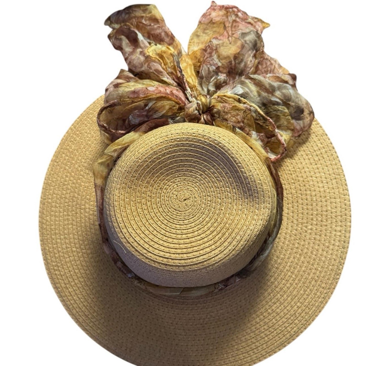 Women’s Natural Wide Brim Sun Hat – Brown Floral Scarf Bow