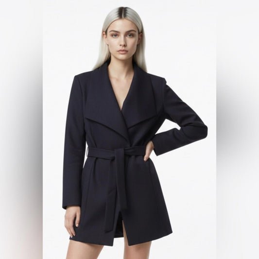 Elegant Dark Navy Blue Crepe Belted Drape Front Coat