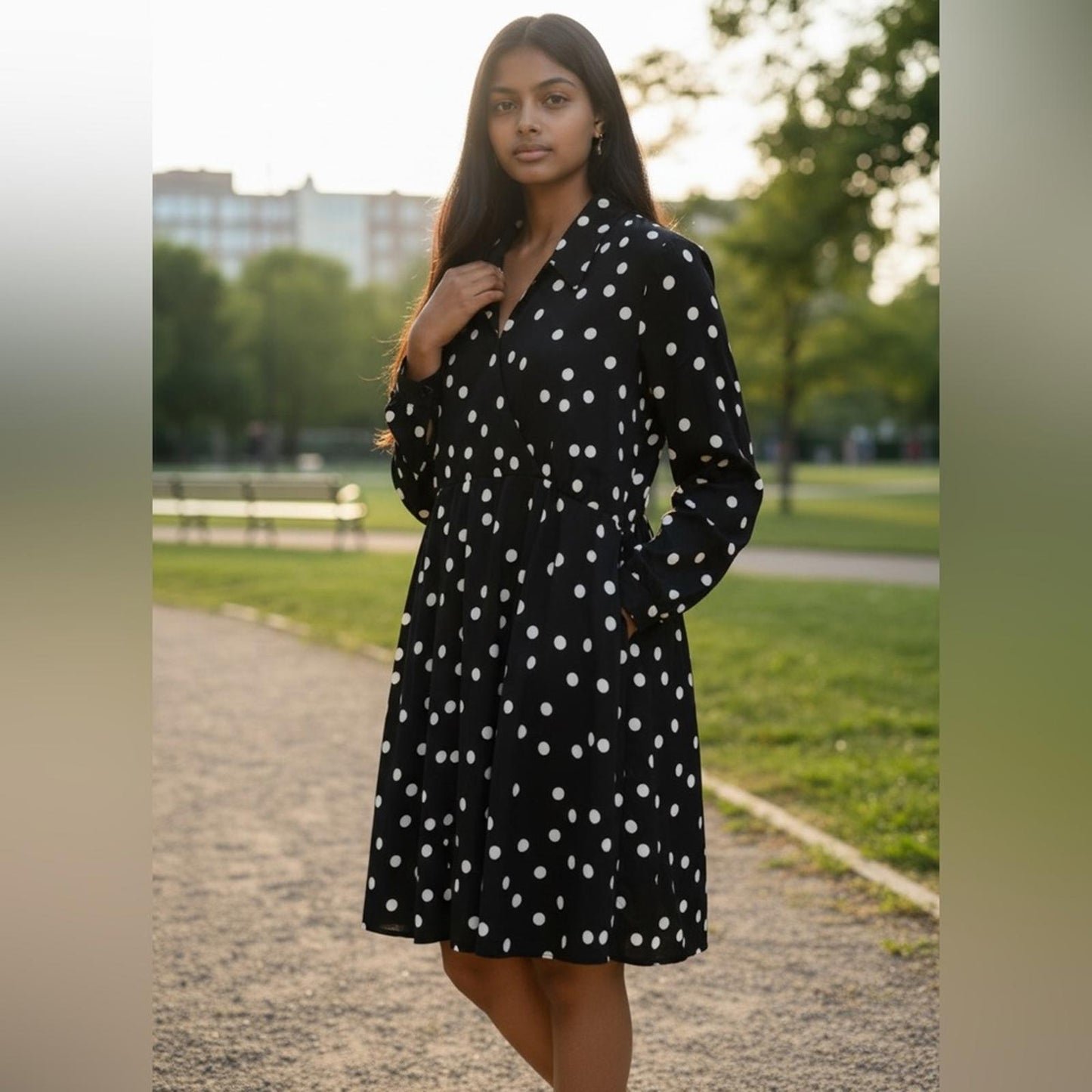 On 34th Chic Black and White Polka Dot Long Sleeve Dress