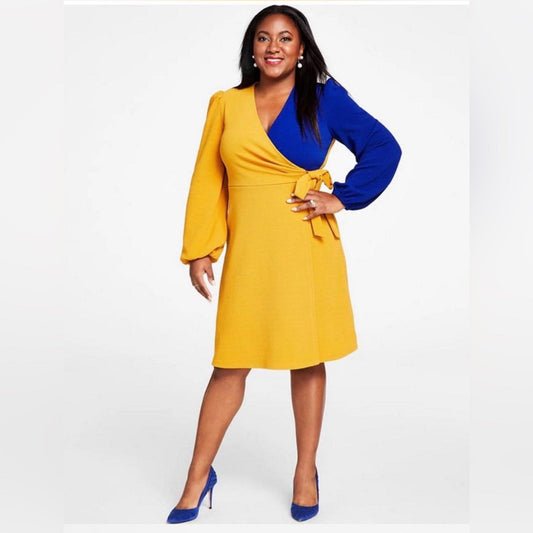 Kasper Yellow and Blue Medi long Sleeve Dress
