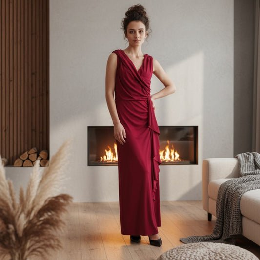 Donna Karan Red Draped Ruffle Maxi Dress